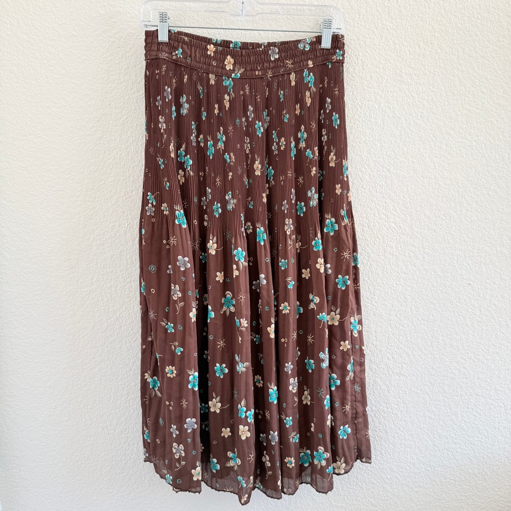 Brown Floral Micro Pleated Tiered Midi Skirt Turquoise Flowers Lettuce Hem - Picture 2 of 7